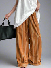Striped Wide-Leg Belted Trousers – High Waist Relaxed Fit in Rust Brown-SimpleModerne