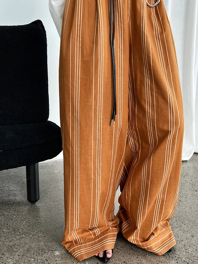 Striped Wide-Leg Belted Trousers – High Waist Relaxed Fit in Rust Brown-SimpleModerne