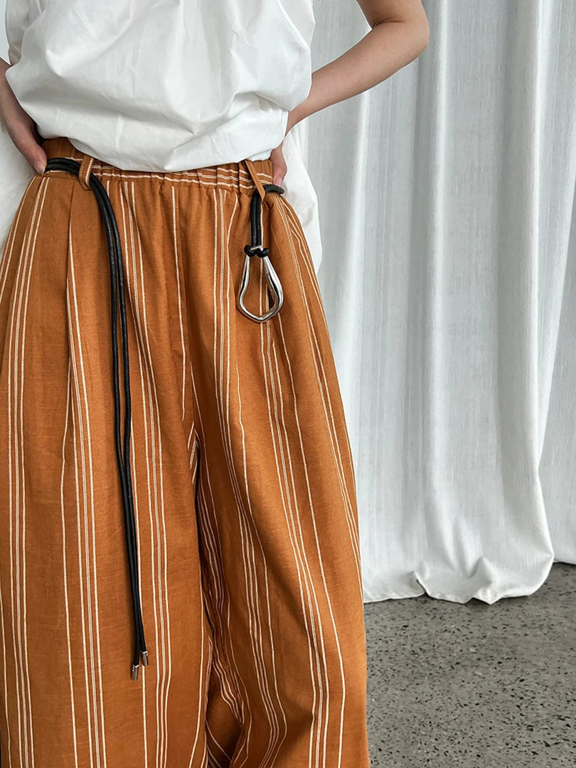 Striped Wide-Leg Belted Trousers – High Waist Relaxed Fit in Rust Brown-SimpleModerne