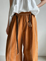 Striped Wide-Leg Belted Trousers – High Waist Relaxed Fit in Rust Brown-SimpleModerne
