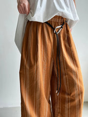 Striped Wide-Leg Belted Trousers – High Waist Relaxed Fit in Rust Brown-SimpleModerne