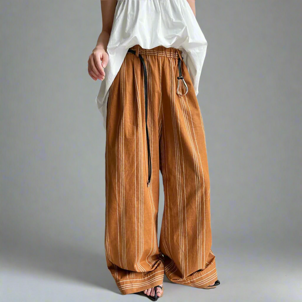 Striped Wide-Leg Belted Trousers – High Waist Relaxed Fit in Rust Brown-SimpleModerne