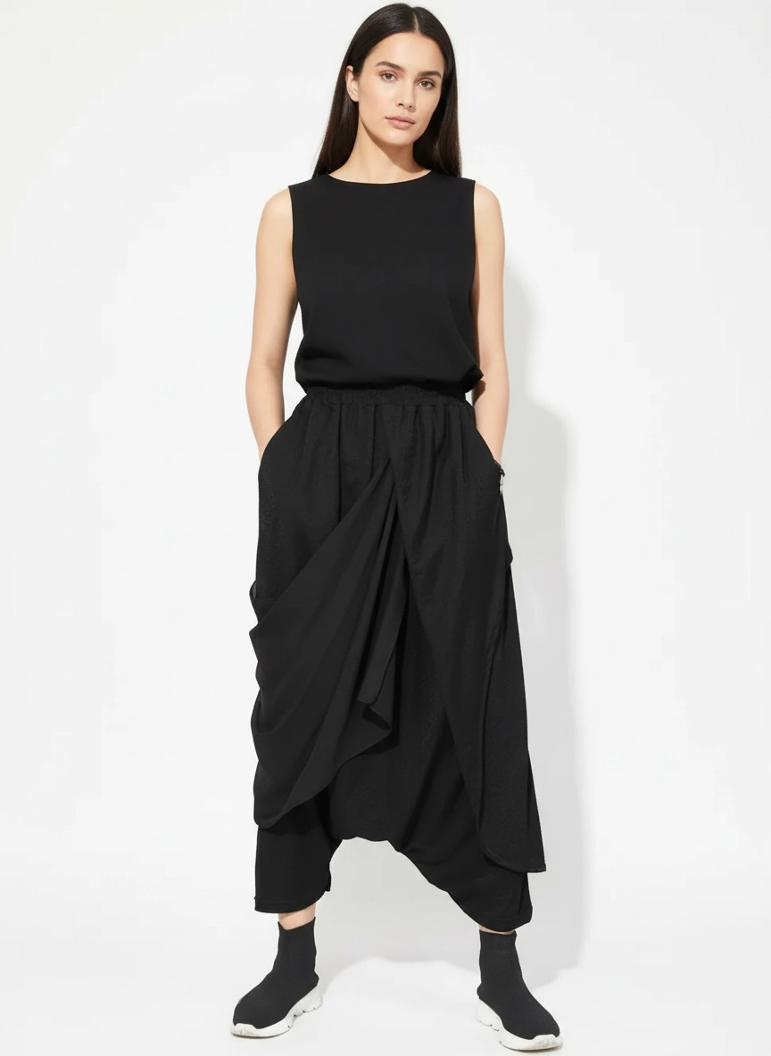 Stylish Deep Harem Capri Pants with Unique Overlay Design-SimpleModerne
