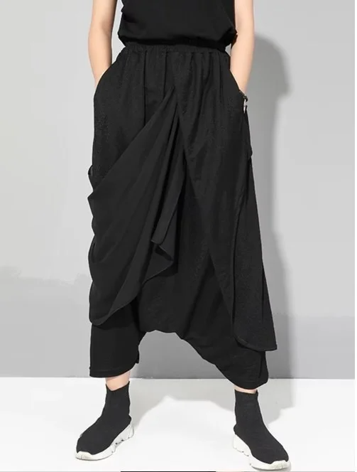 Stylish Deep Harem Capri Pants with Unique Overlay Design-SimpleModerne