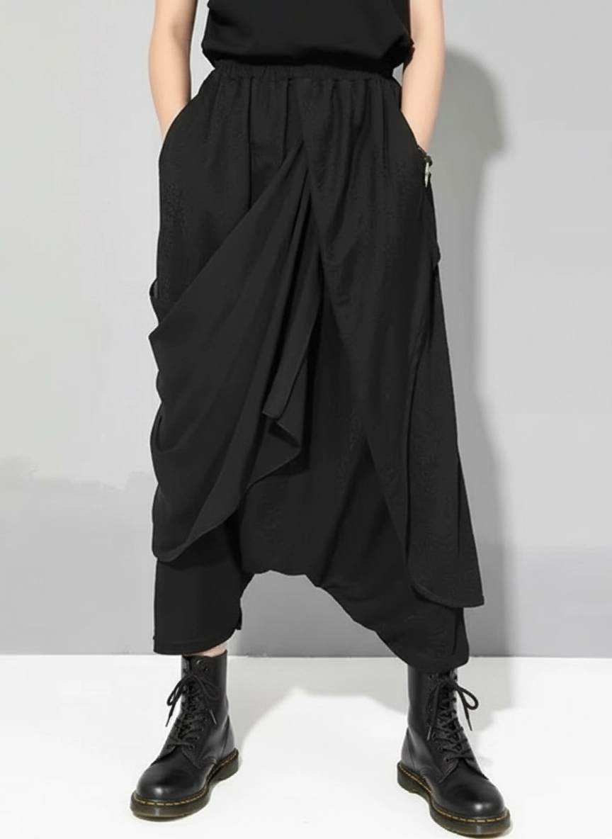 Stylish Deep Harem Capri Pants with Unique Overlay Design-SimpleModerne