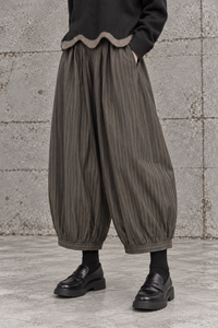 Olive Pinstripe Balloon Trousers | Relaxed Wide Leg-SimpleModerne