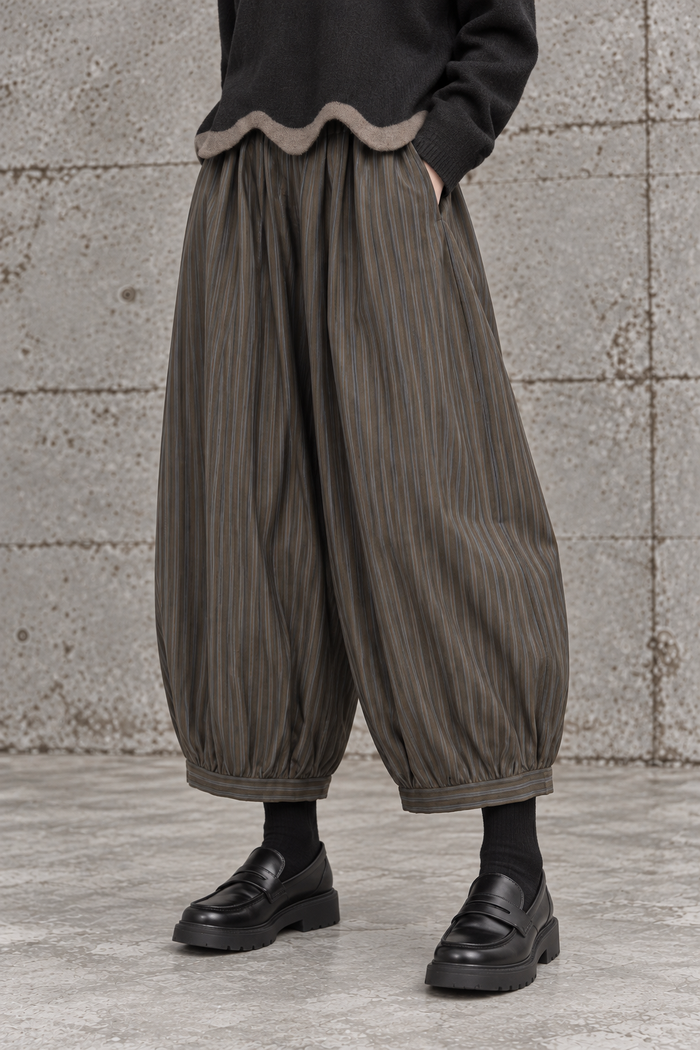 Olive Pinstripe Balloon Trousers | Relaxed Wide Leg
