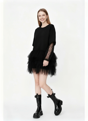 Tulle-Trim Mini Pullover Dress — Black-SimpleModerne