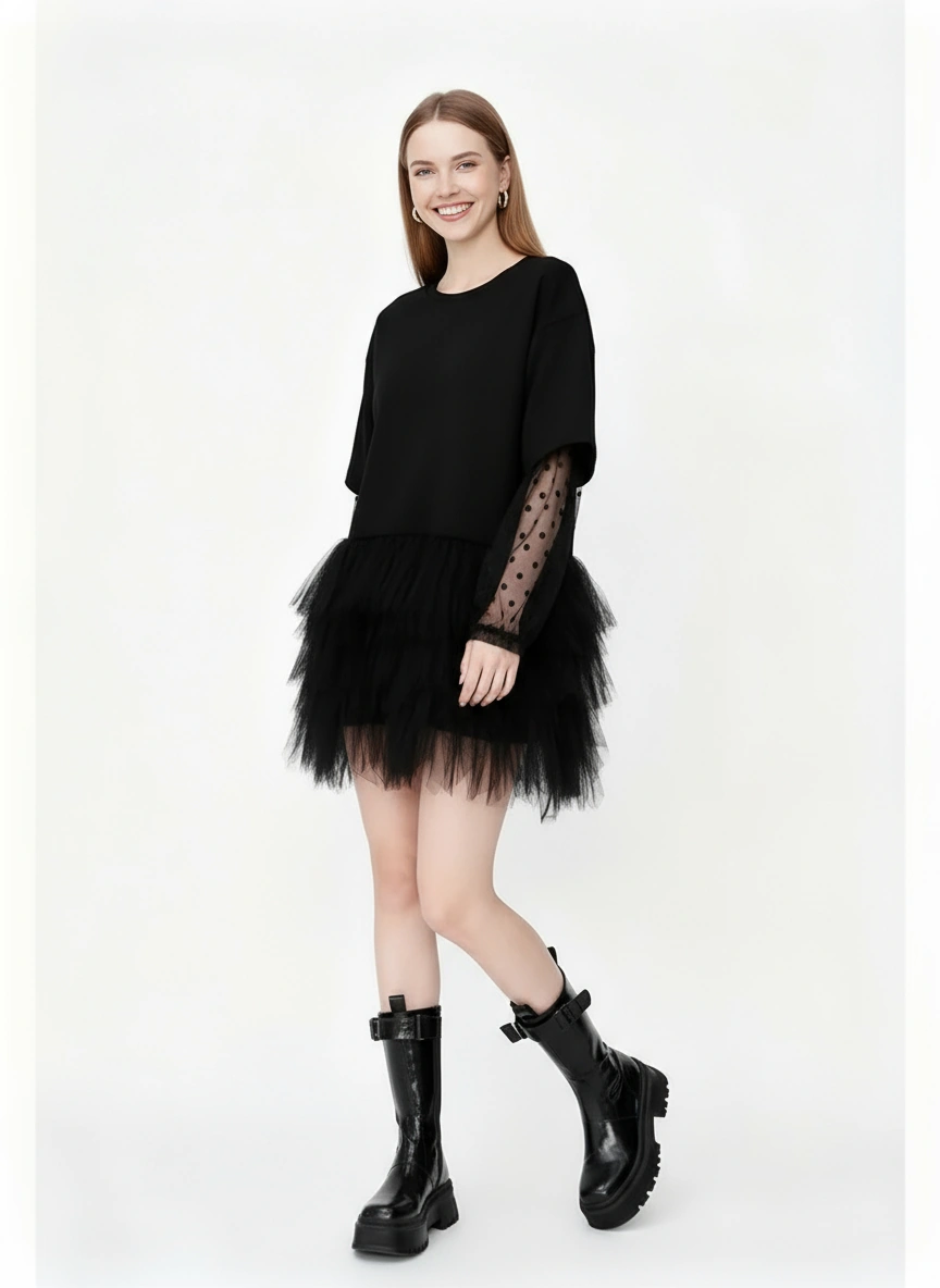 Tulle-Trim Mini Pullover Dress — Black-SimpleModerne