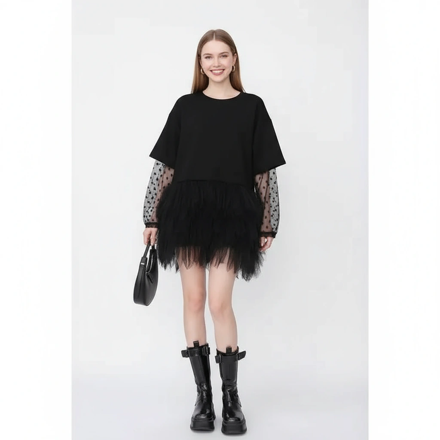 Tulle-Trim Mini Pullover Dress — Black-SimpleModerne