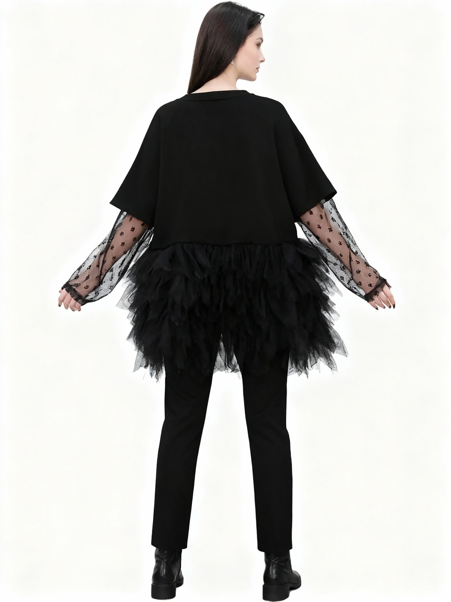 Tulle-Trim Mini Pullover Dress — Black-SimpleModerne