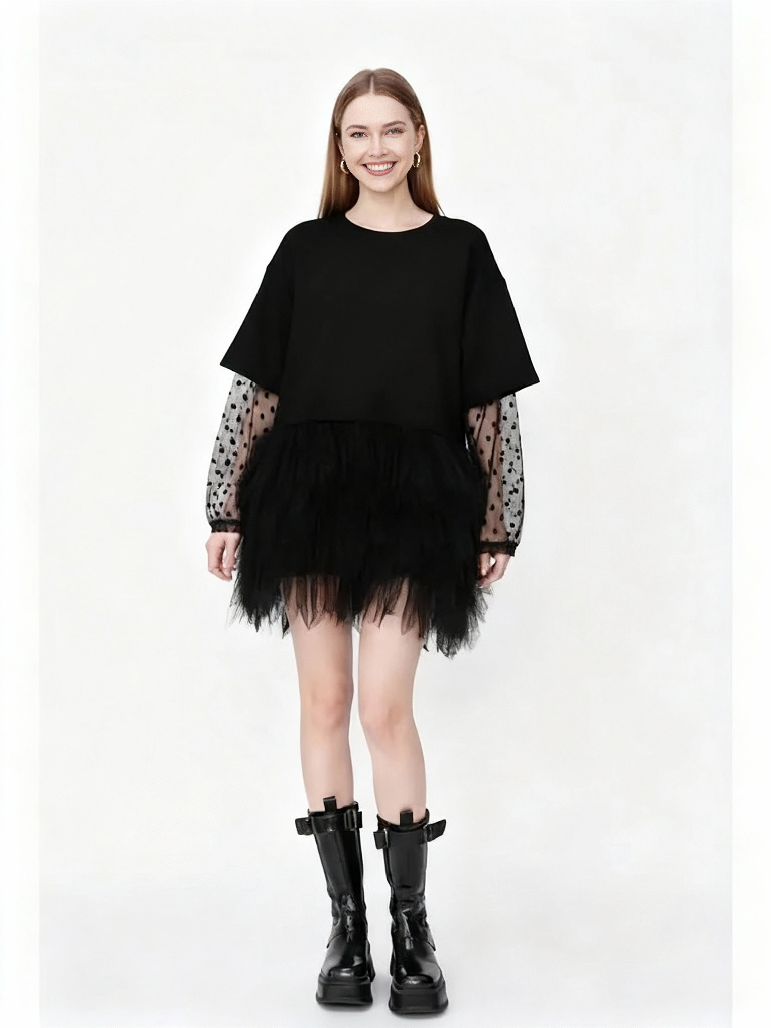 Tulle-Trim Mini Pullover Dress — Black-SimpleModerne