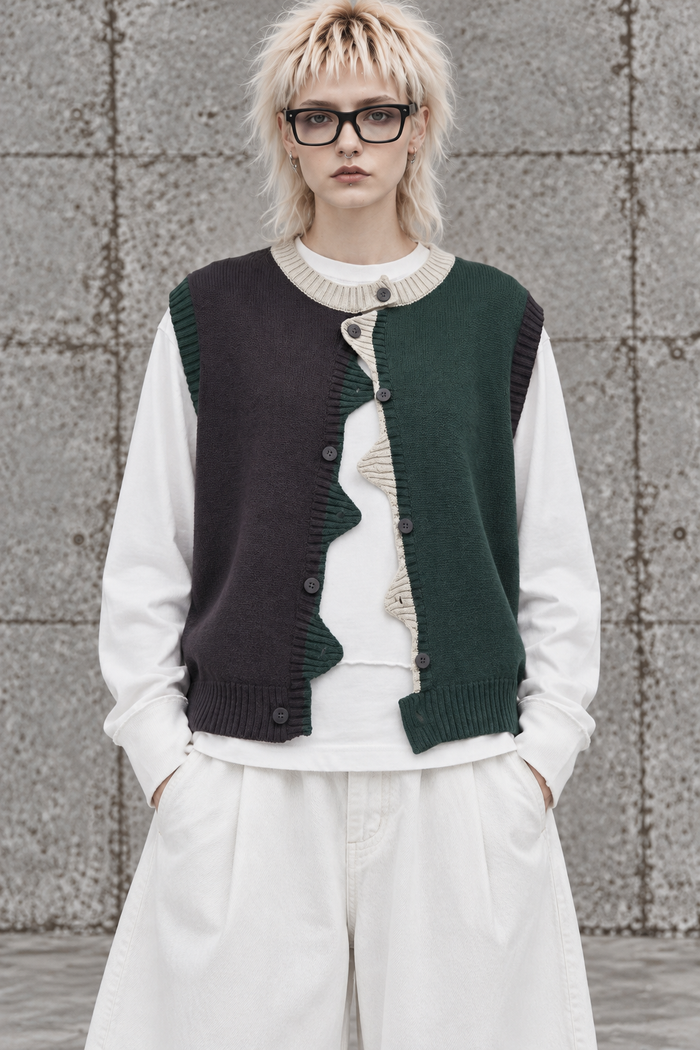 Asymmetric Two-Tone Knitted Vest-SimpleModerne