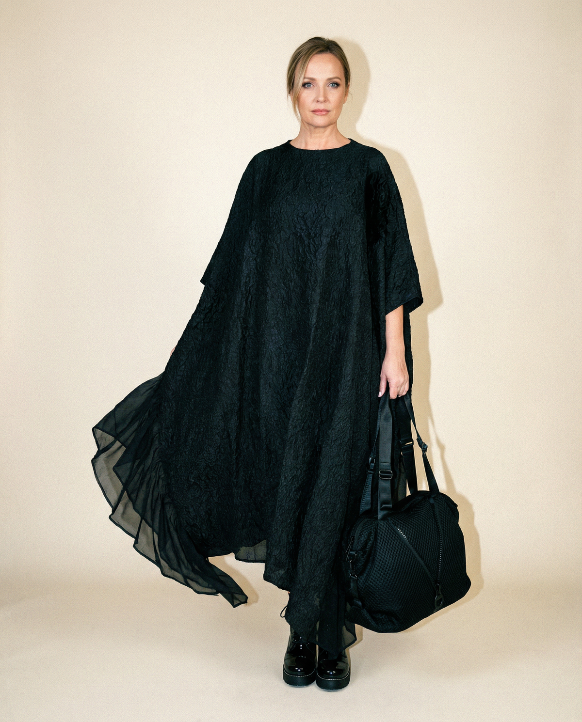 Urban Oversized Black Maxi Dress with Tulle Insert and 3D Textured Fab SimpleModerne Urban Oversized Black Maxi Dress with Tulle Insert and 3D Textured Fab SimpleModerne