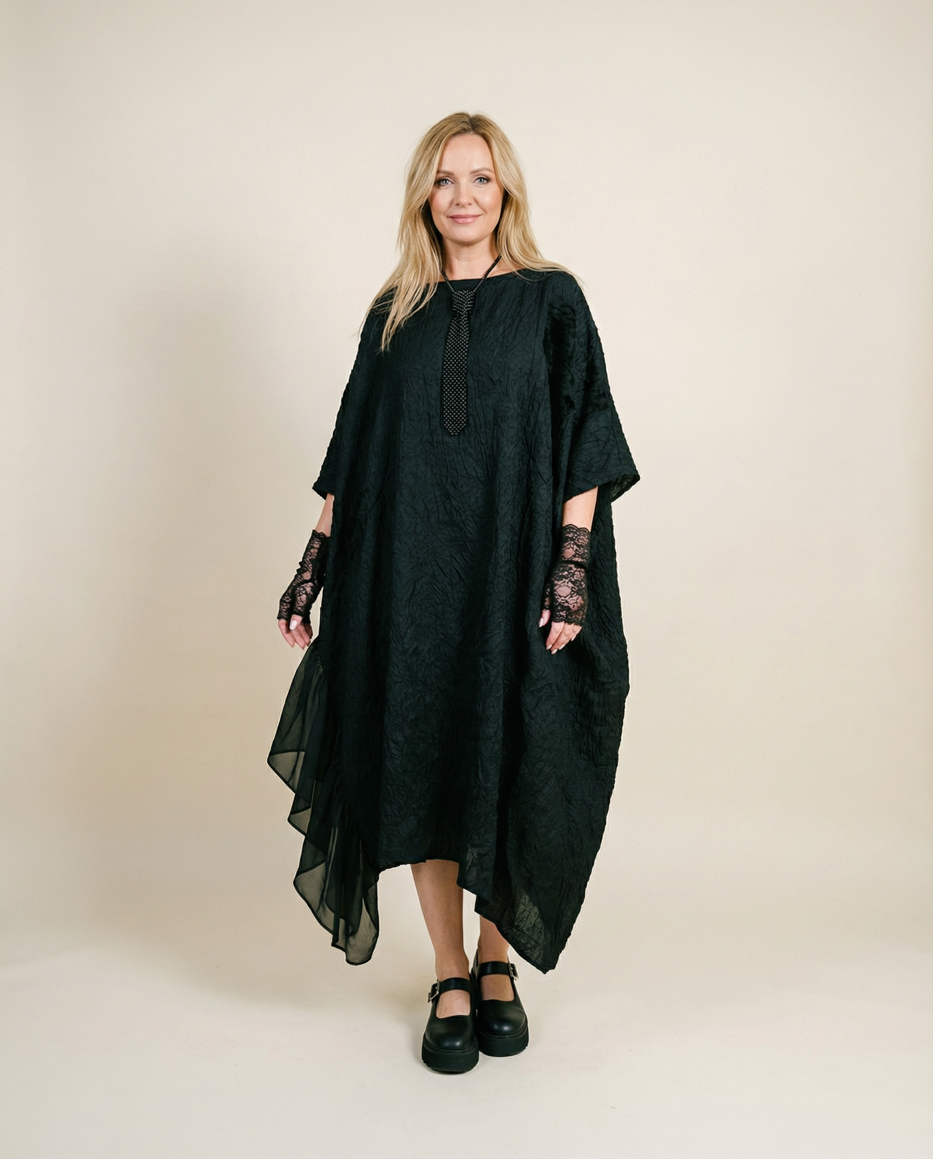 Urban Oversized Black Maxi Dress with Tulle Insert and 3D Textured Fabric-SimpleModerne