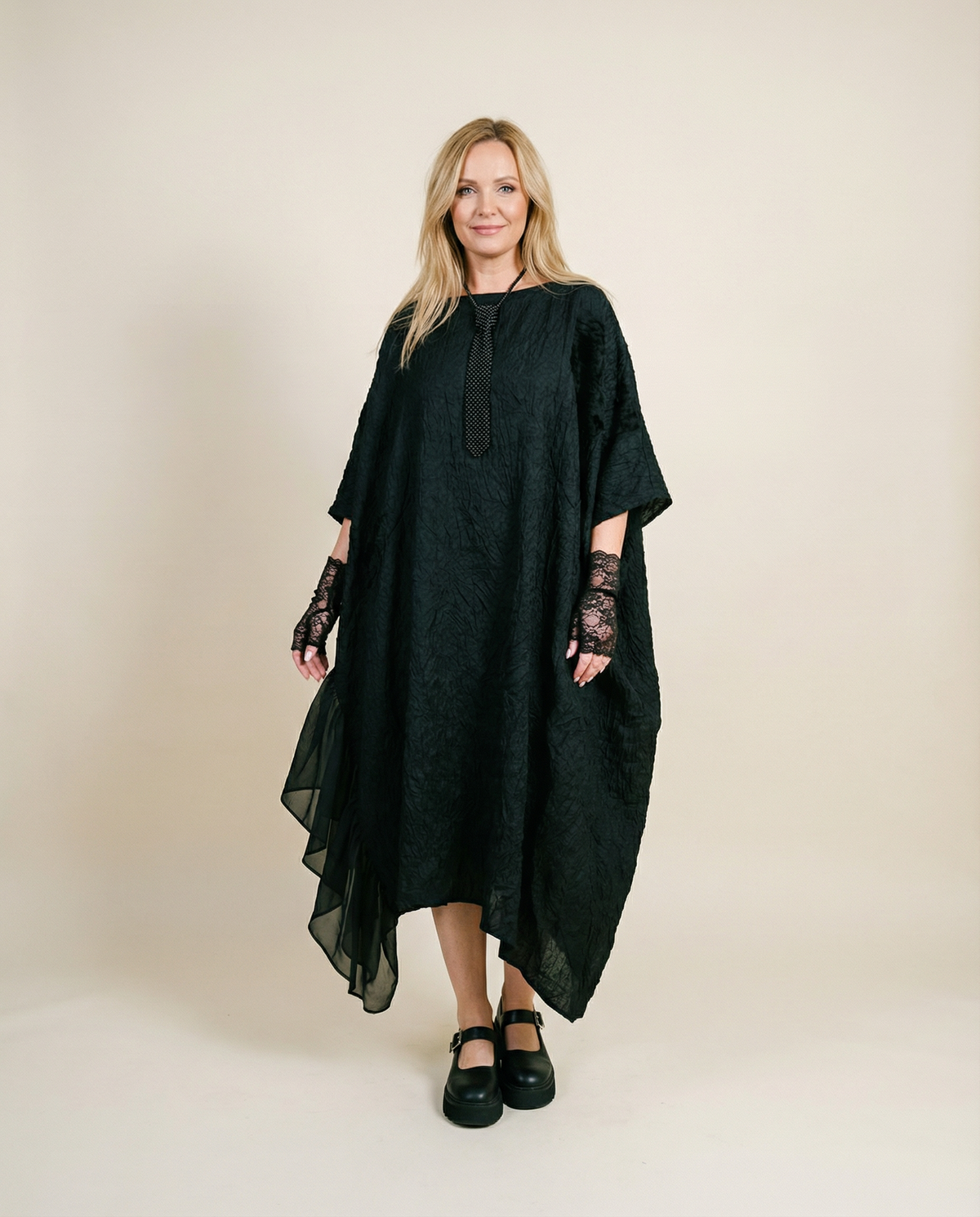 Urban Oversized Black Maxi Dress with Tulle Insert and 3D Textured Fab SimpleModerne Urban Oversized Black Maxi Dress with Tulle Insert and 3D Textured Fab SimpleModerne