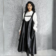 Vegan Leather Pinafore Dress with Zip Front-SimpleModerne