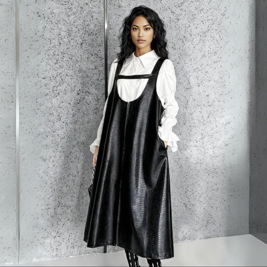 Vegan Leather Pinafore Dress with Zip Front-SimpleModerne