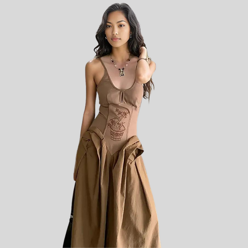 maxi beige dress women Vintage Fever Maxi Beige Dress – SimpleModerne