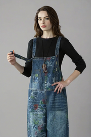 Vintage Floral Print Denim Overalls - Relaxed Fit & Unique Wash-SimpleModerne