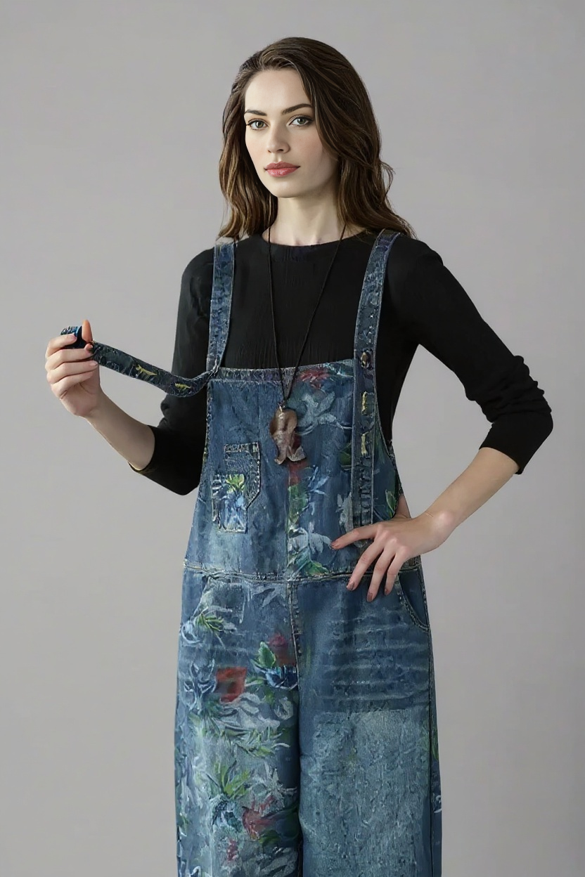 Vintage Floral Print Denim Overalls - Relaxed Fit & Unique Wash-SimpleModerne