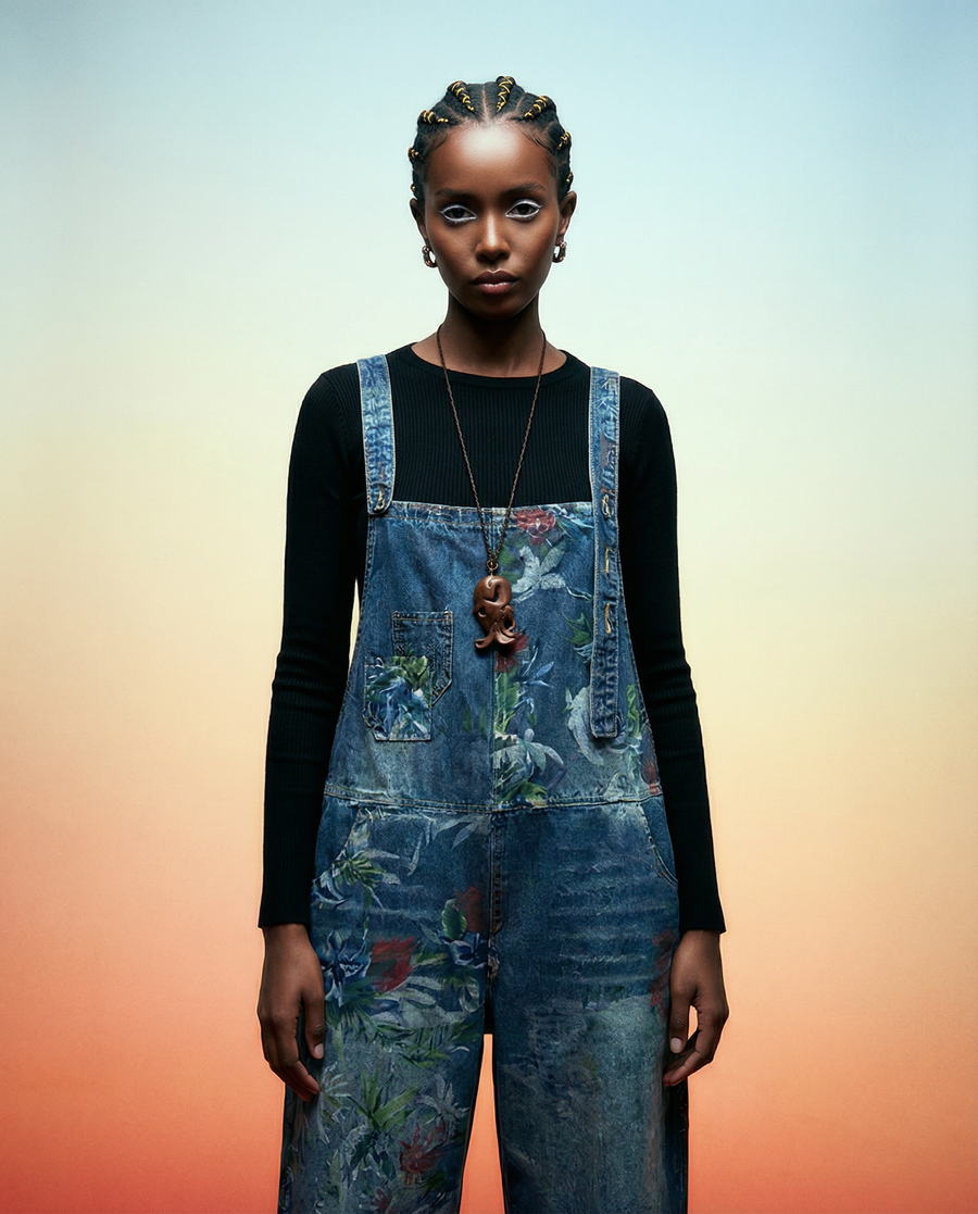 Vintage Floral Print Denim Overalls - Relaxed Fit & Unique Wash-SimpleModerne