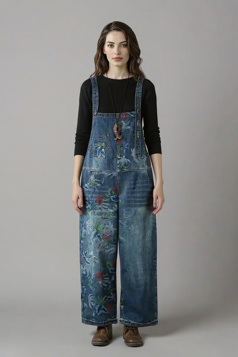 Vintage Floral Print Denim Overalls - Relaxed Fit & Unique Wash-SimpleModerne