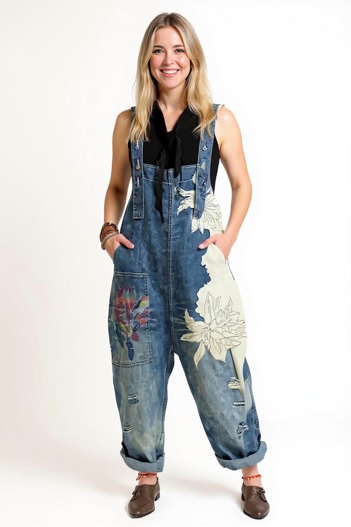 Vintage Oversized Capri Denim Overalls with Floral Print & Distressed Details-SimpleModerne