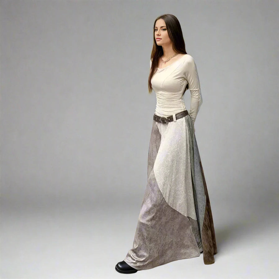 Vintage Patchwork Maxikleid mit Gurtel Zartes Beige Rauchgrau