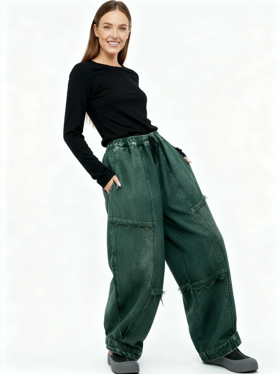 Vintage Washed Wide-Leg Denim — Forest Green-SimpleModerne