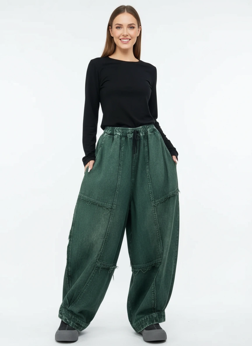 Vintage Washed Wide-Leg Denim — Forest Green-SimpleModerne