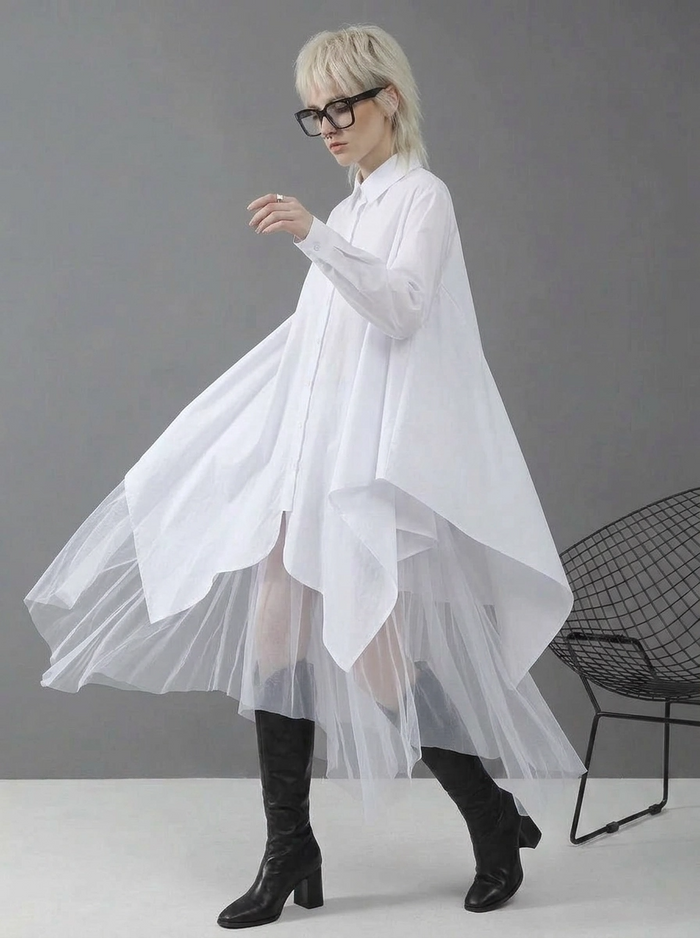 White Asymmetrical Shirt Dress with Tulle Layer-SimpleModerne