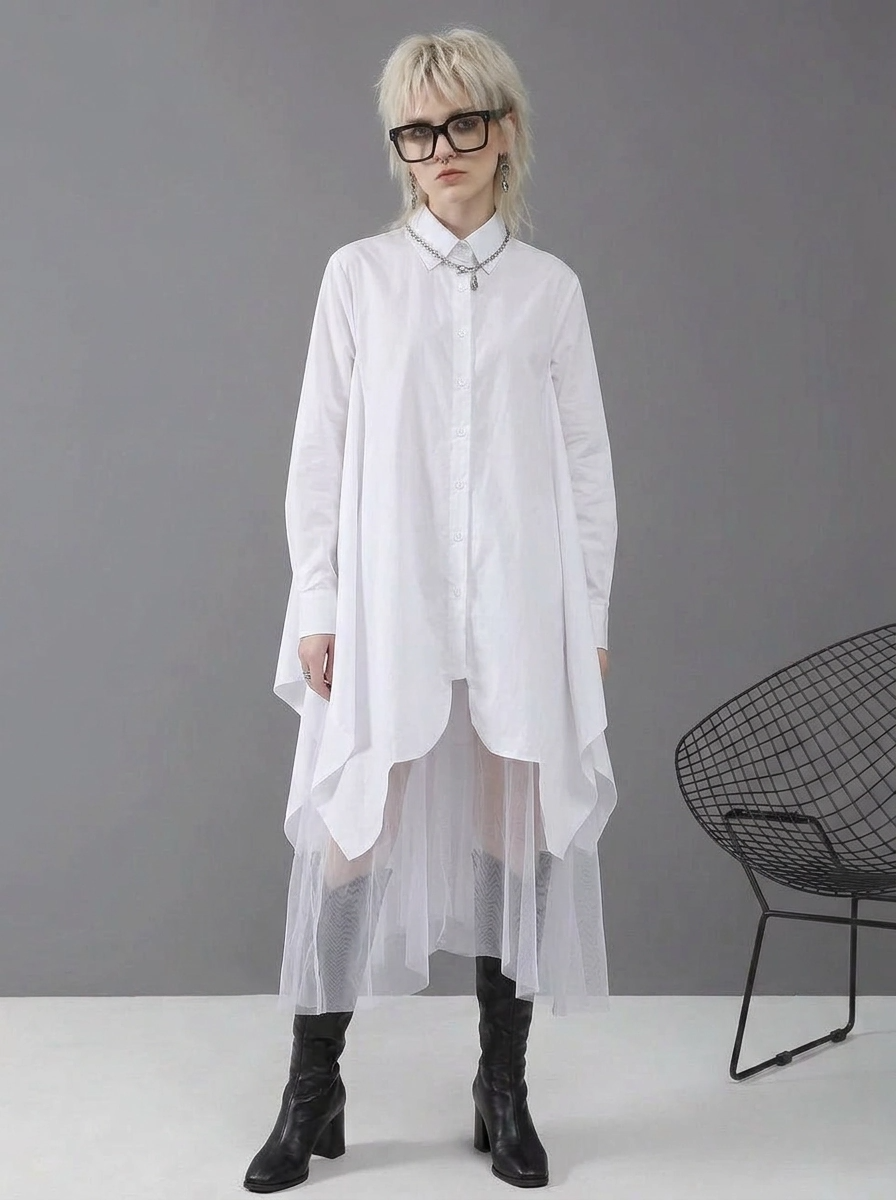 White Asymmetrical Shirt Dress with Tulle Layer
