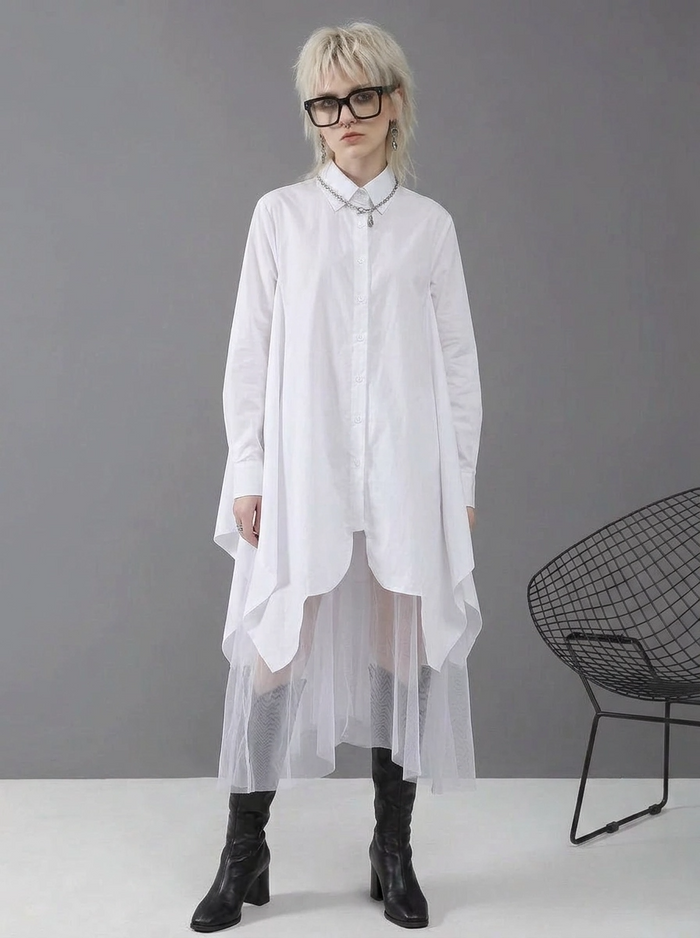 White Asymmetrical Shirt Dress with Tulle Layer-SimpleModerne
