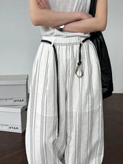 White Striped Wide-Leg Trousers – Cotton Linen Blend with Belt Detail-SimpleModerne