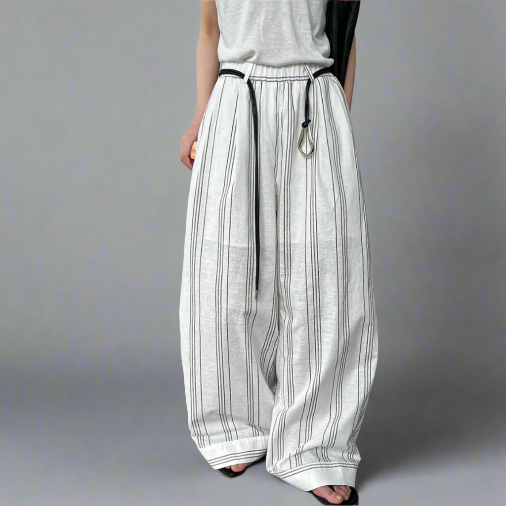 White Striped Wide-Leg Trousers – Cotton Linen Blend with Belt Detail-SimpleModerne