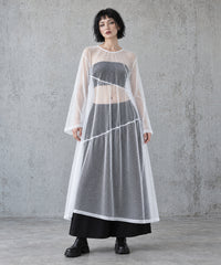 White layered gauze A-line maxi dress, full-length front view styled over a black bandeau and long skirt.