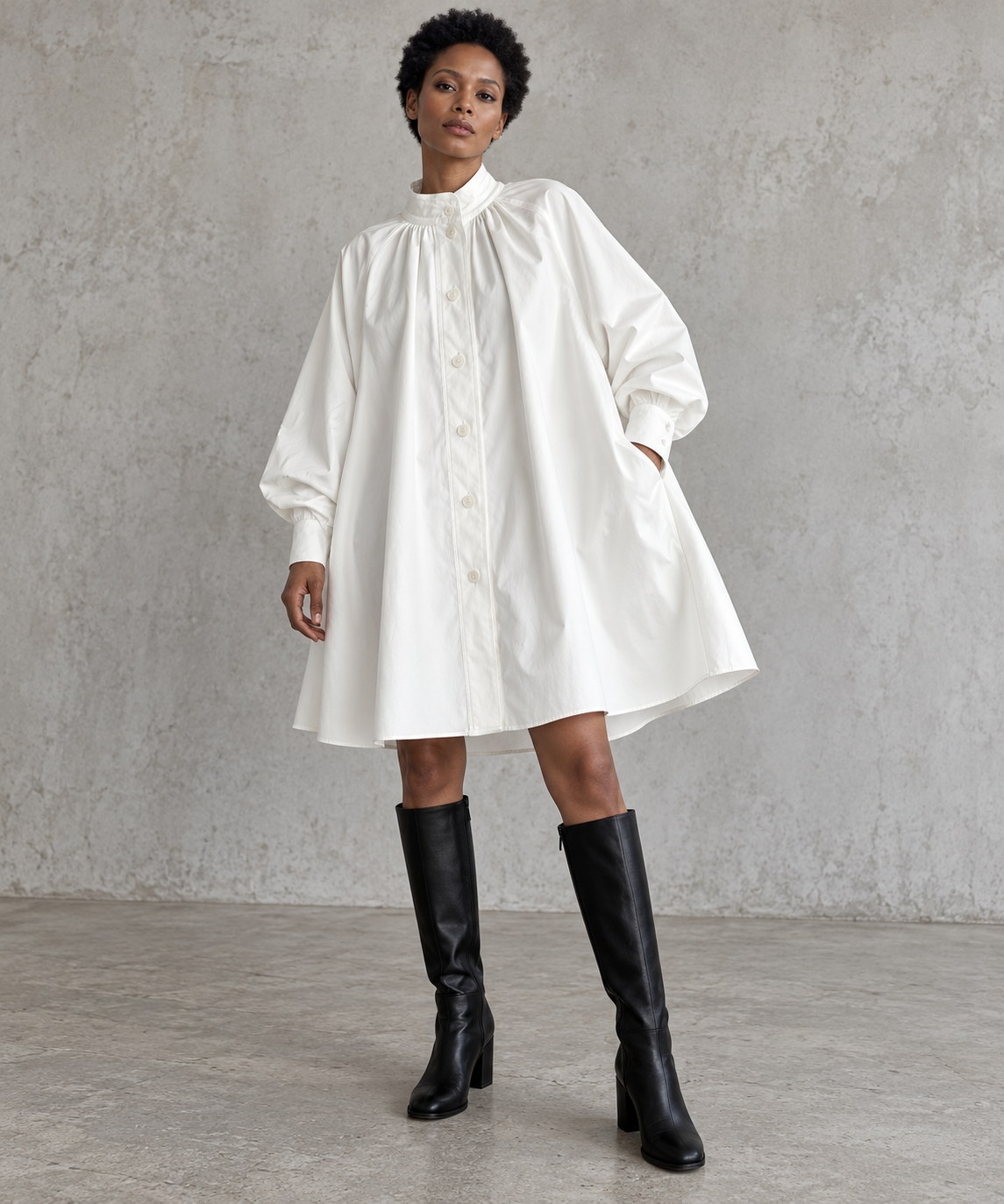 White Oversized Japanese A-Line Shirt Dress-SimpleModerne