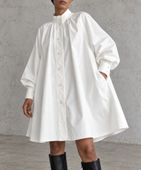 White Oversized Japanese A-Line Shirt Dress-SimpleModerne