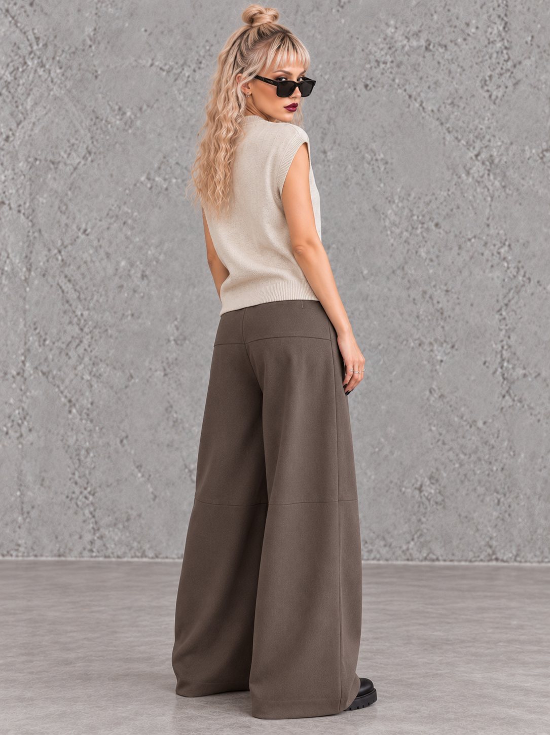 Beige Double V-Neck Asymmetric Knitted Top-SimpleModerne