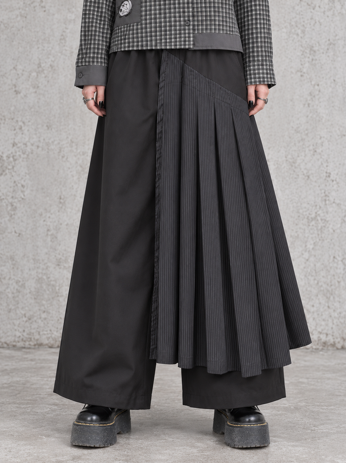 Black Pleated Overlay Trousers | Alternative Wide-Leg Pants