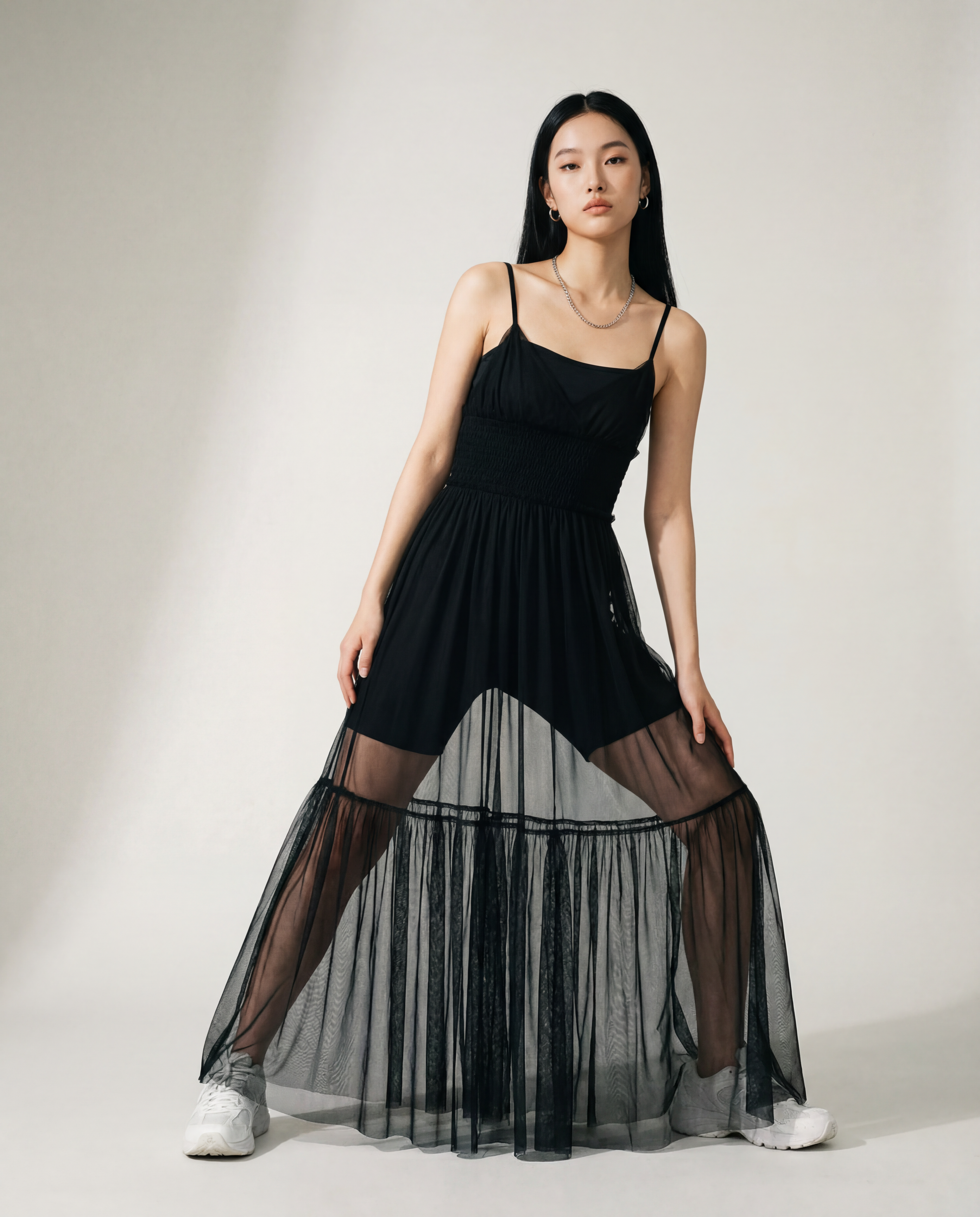 Sheer Overlay Dress with Spaghetti Straps-SimpleModerne
