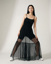 Sheer Overlay Dress with Spaghetti Straps-SimpleModerne