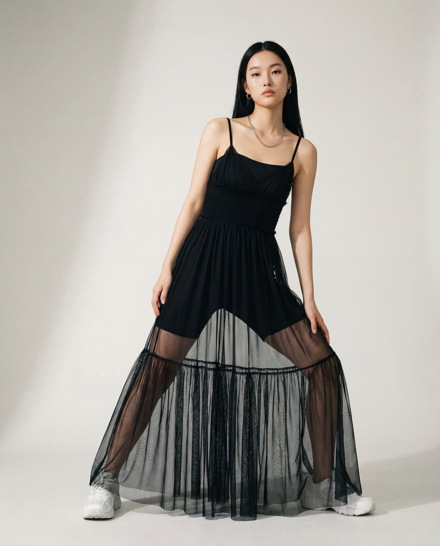 Sheer Overlay Dress with Spaghetti Straps-SimpleModerne