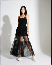 Sheer Overlay Dress with Spaghetti Straps-SimpleModerne