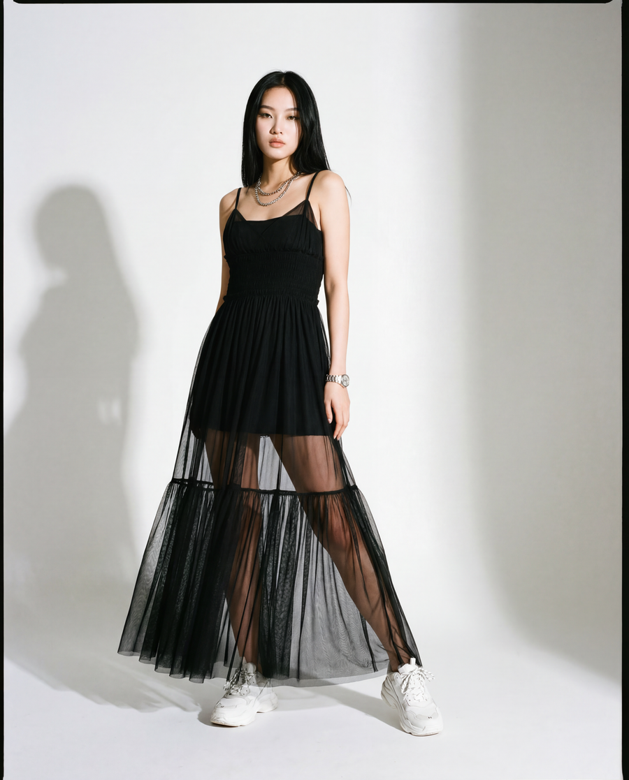 Sheer Overlay Dress with Spaghetti Straps-SimpleModerne