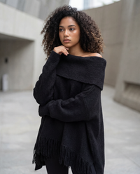 Oversized Fringed Knit Poncho-SimpleModerne