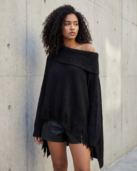 Oversized Fringed Knit Poncho-SimpleModerne