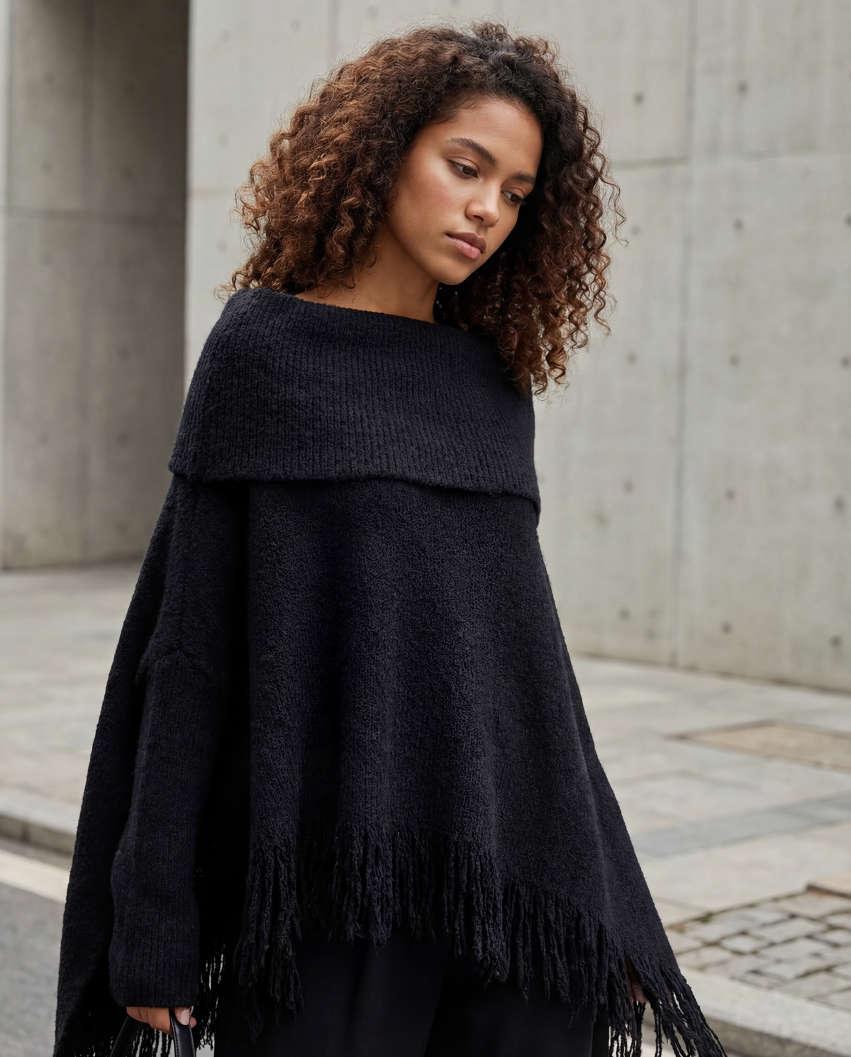Oversized Fringed Knit Poncho-SimpleModerne