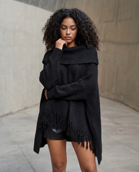 Oversized Fringed Knit Poncho-SimpleModerne